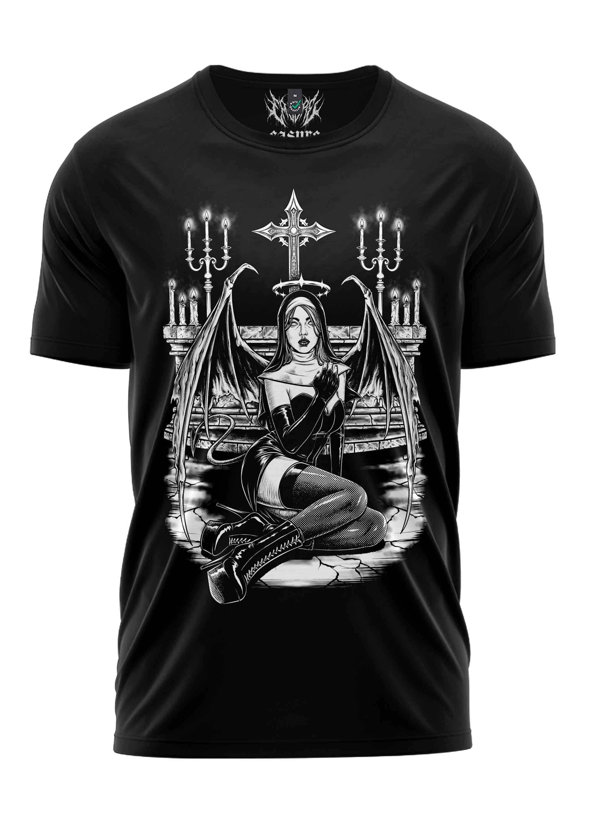 Schwarzes T-Shirt mit gotischem Engel-Design, Flügeln und Heiligenschein.